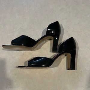 Black squared off, open toe heel